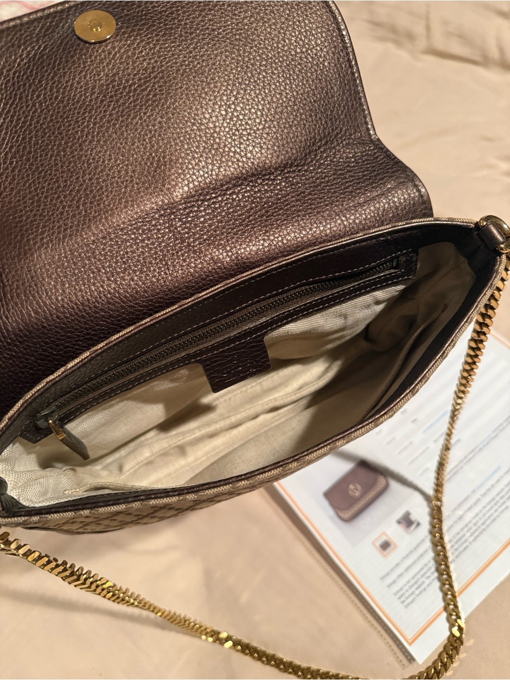 Gucci Brown & Beige Monogram Flap Clutch with Gold Logo - Picture 3 of 6